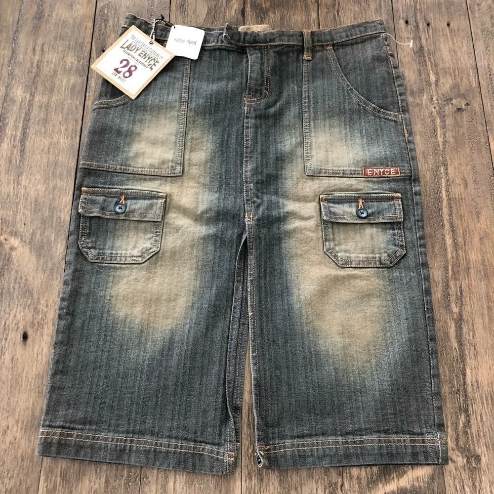 NWT Lady Enyce NY Sz 28 Low Waist Double Slit Denim Skirt Indigo Dyed Stretch